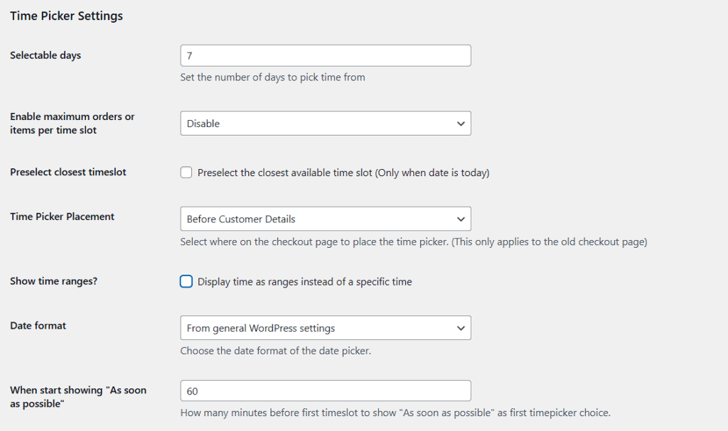 Time picker settings